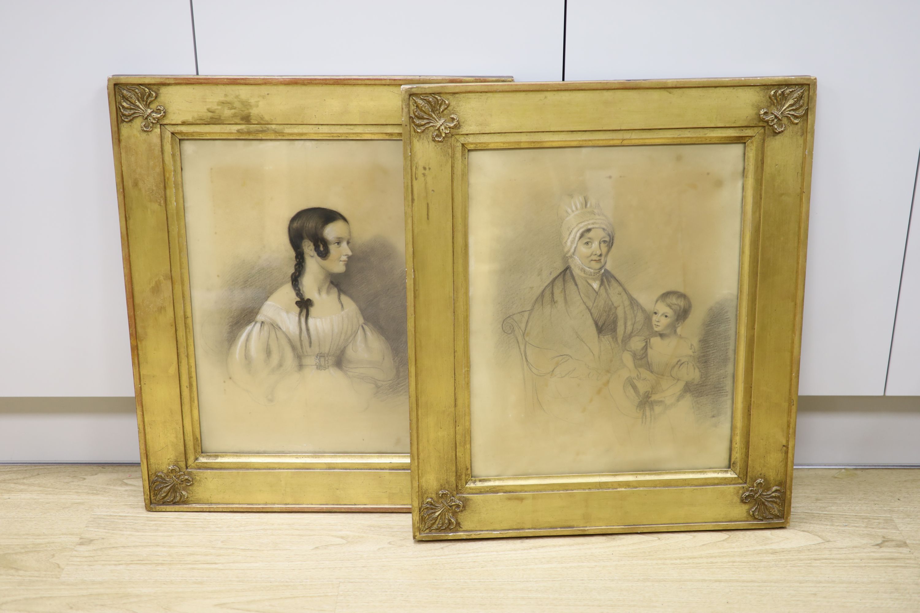 Victorian School, pair of charcoal and chalk, Portraits of Martha Gillet (1798-1882), 48 x 38cm, the other her daughter Florence Gillett (1873-1957)